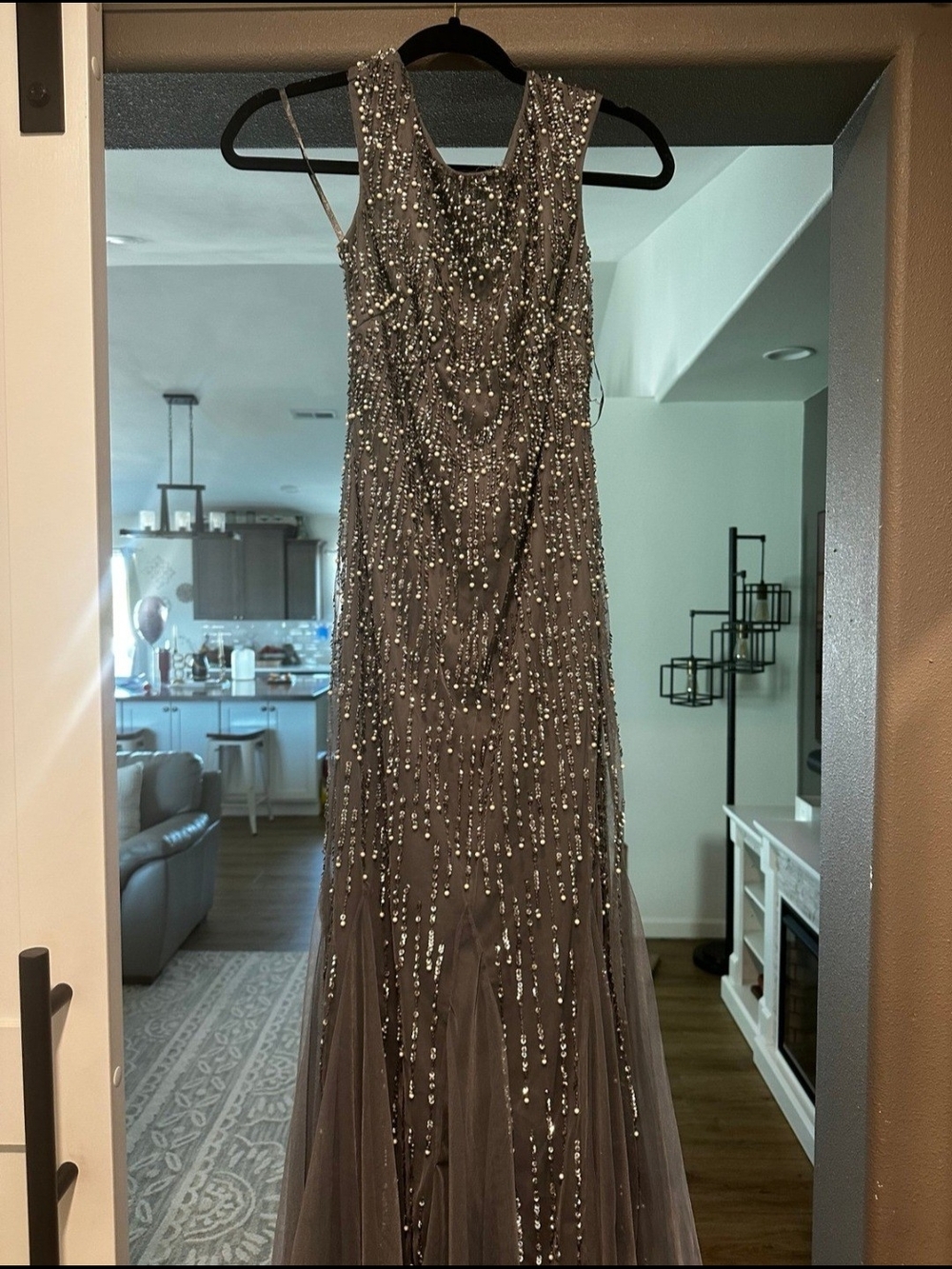 Adrianna Papell Gray Beaded Maxi Evening Gown